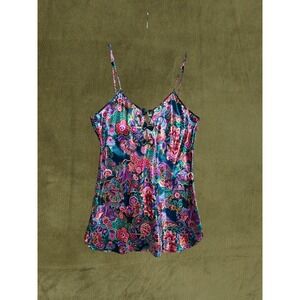 California Dynasty Vintage 90s Jewel Tone Paisley Satin Slip Chemise Teal Pink